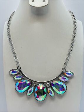 Silver AB Crystal Statement Bib Necklace Iridescent Glam Bold
